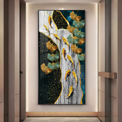 Gold Fish & Feathers Premium Acrylic Vertical Wall Art
