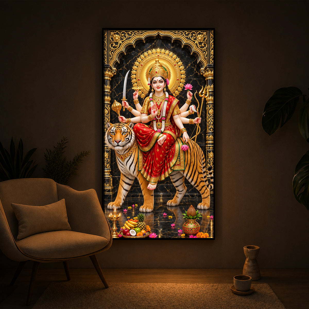 Goddess Ashtabhuja Durga Modern Luxury Backlight Vertical Wall Art