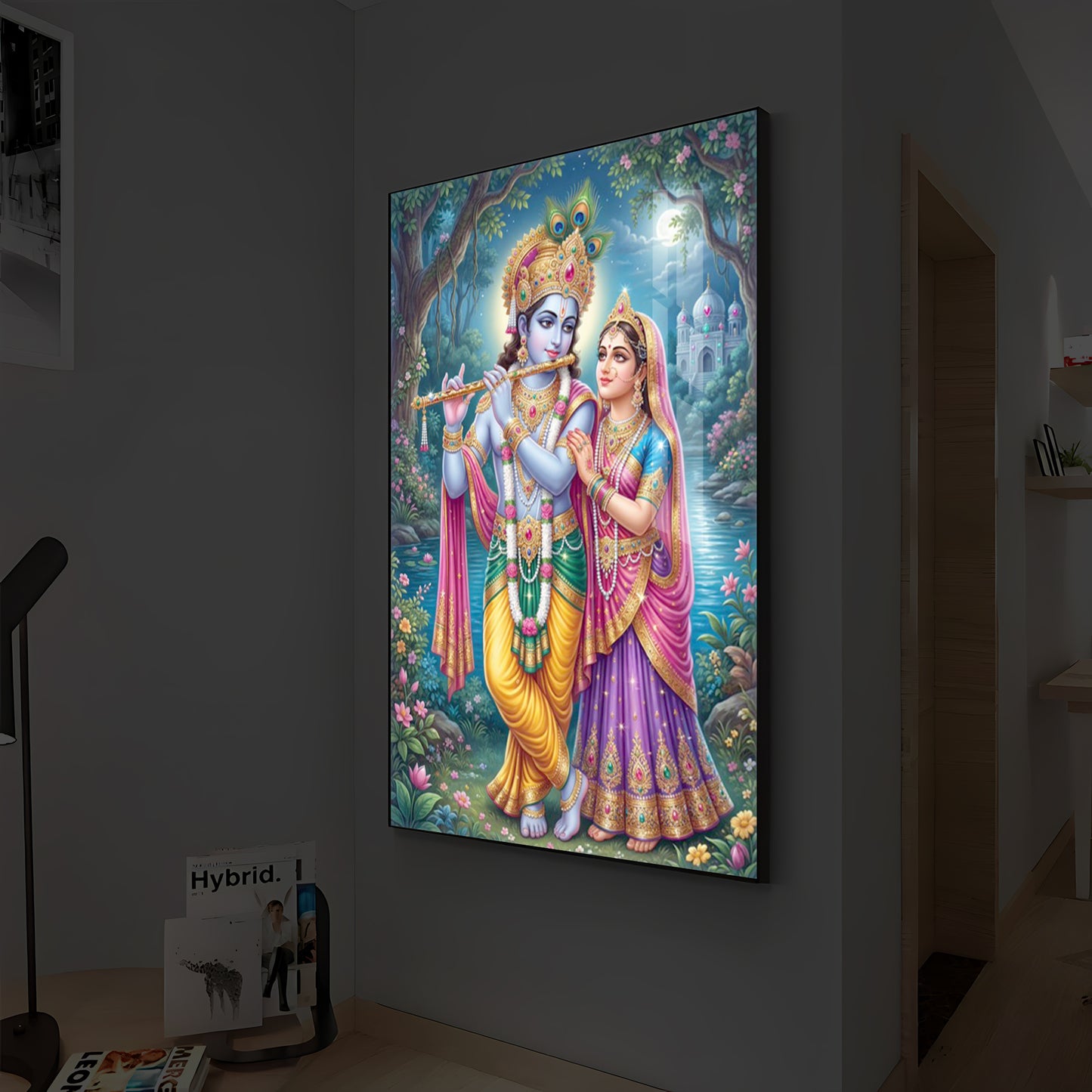 Hindu Deities Radha and Krishna Modern Luxury Backlight Vertical Wall Art