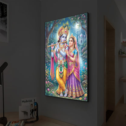Hindu Deities Radha and Krishna Modern Luxury Backlight Vertical Wall Art