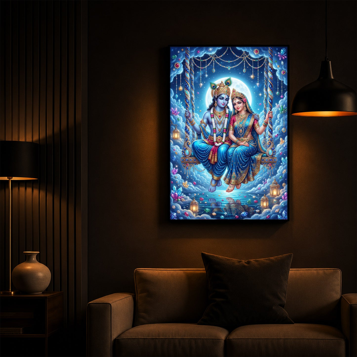 Hindu Deities Radha Krishna Modern Luxury Backlight Vertical Wall Art