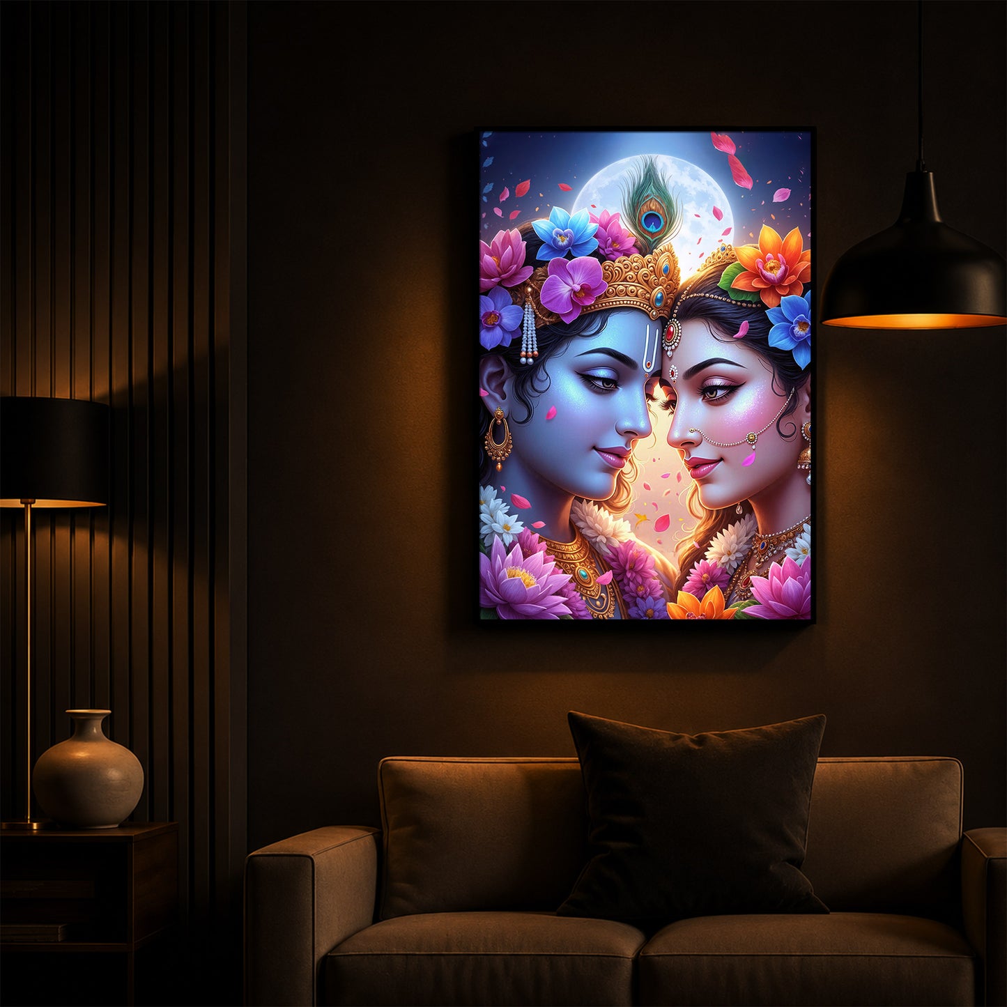 Loving Shri Radha Krishna Modern Luxury Backlight Vertical Wall Art