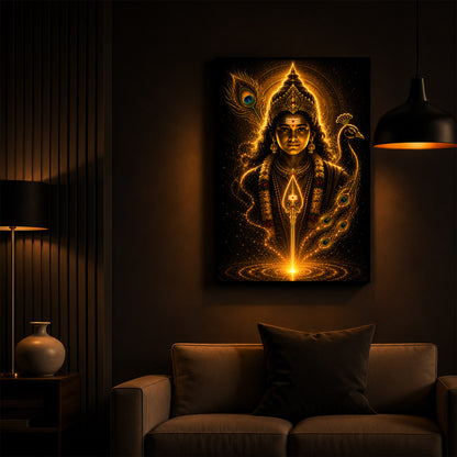 Divine Murugan With Peacock Modern Luxury Backlight Vertical Wall Art