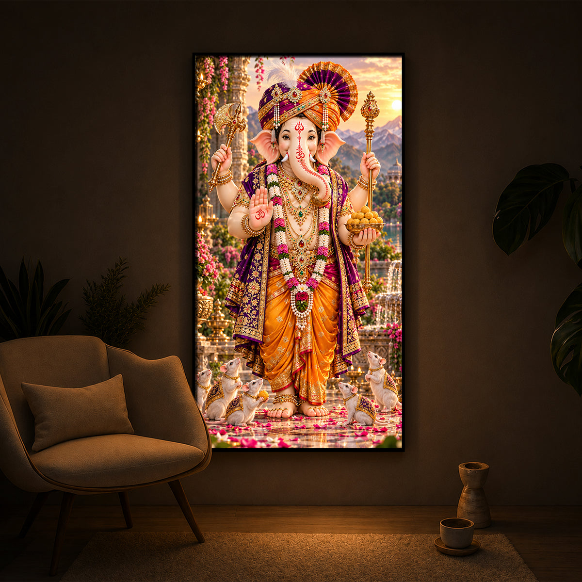 Lord Ganesha with Mushak Modern Luxury Backlight Vertical Wall Art