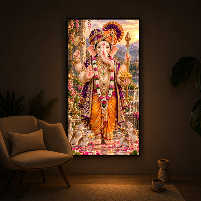 Lord Ganesha with Mushak Modern Luxury Backlight Vertical Wall Art