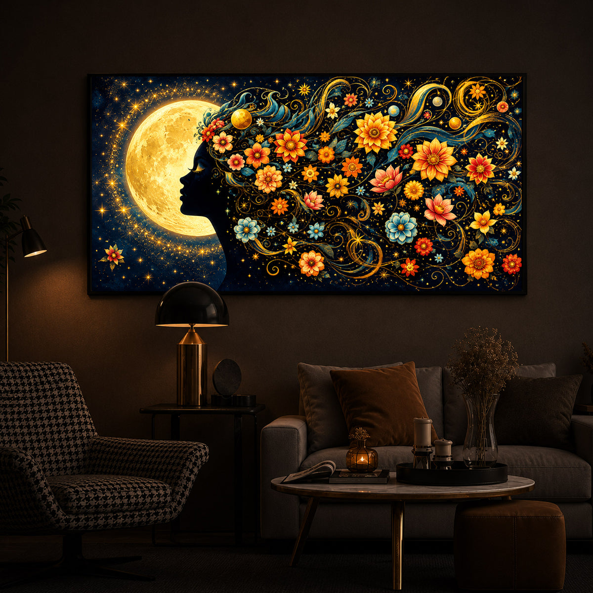 Dreamy Moon Girl Modern Luxury Backlight Horizontal Wall Art