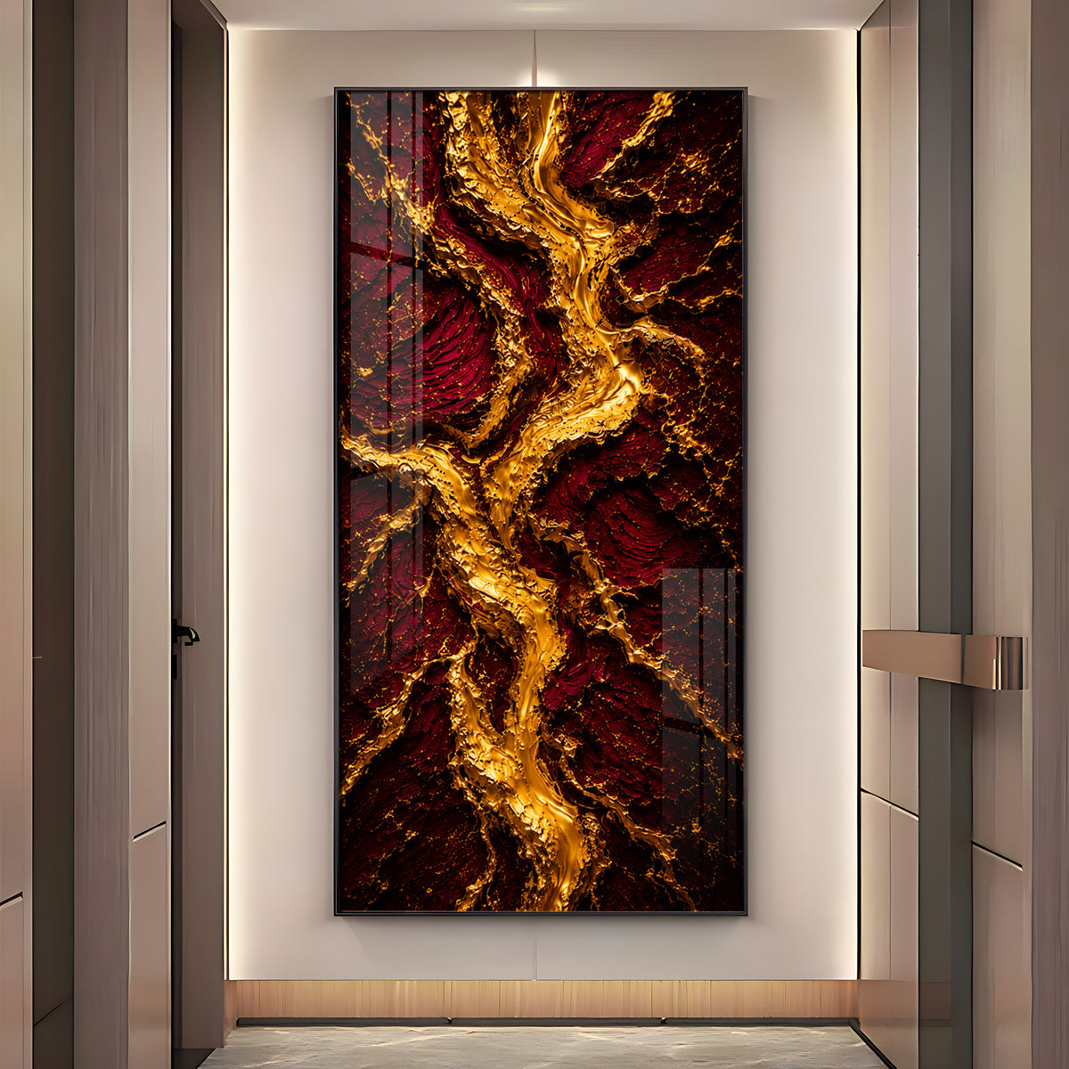 Striking Crimson & Gold Flowing River Premium Acrylic Vertical Wall Art