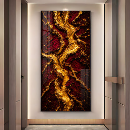 Striking Crimson & Gold Flowing River Premium Acrylic Vertical Wall Art