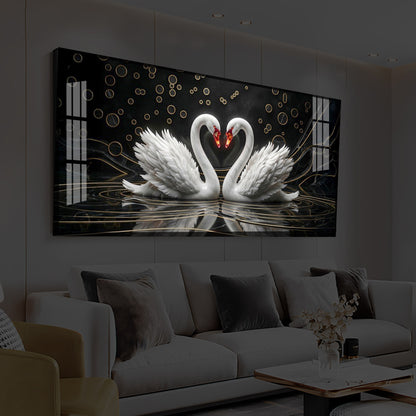 Two White Swans Forming A Heart Modern Luxury Backlight Horizontal Wall Art
