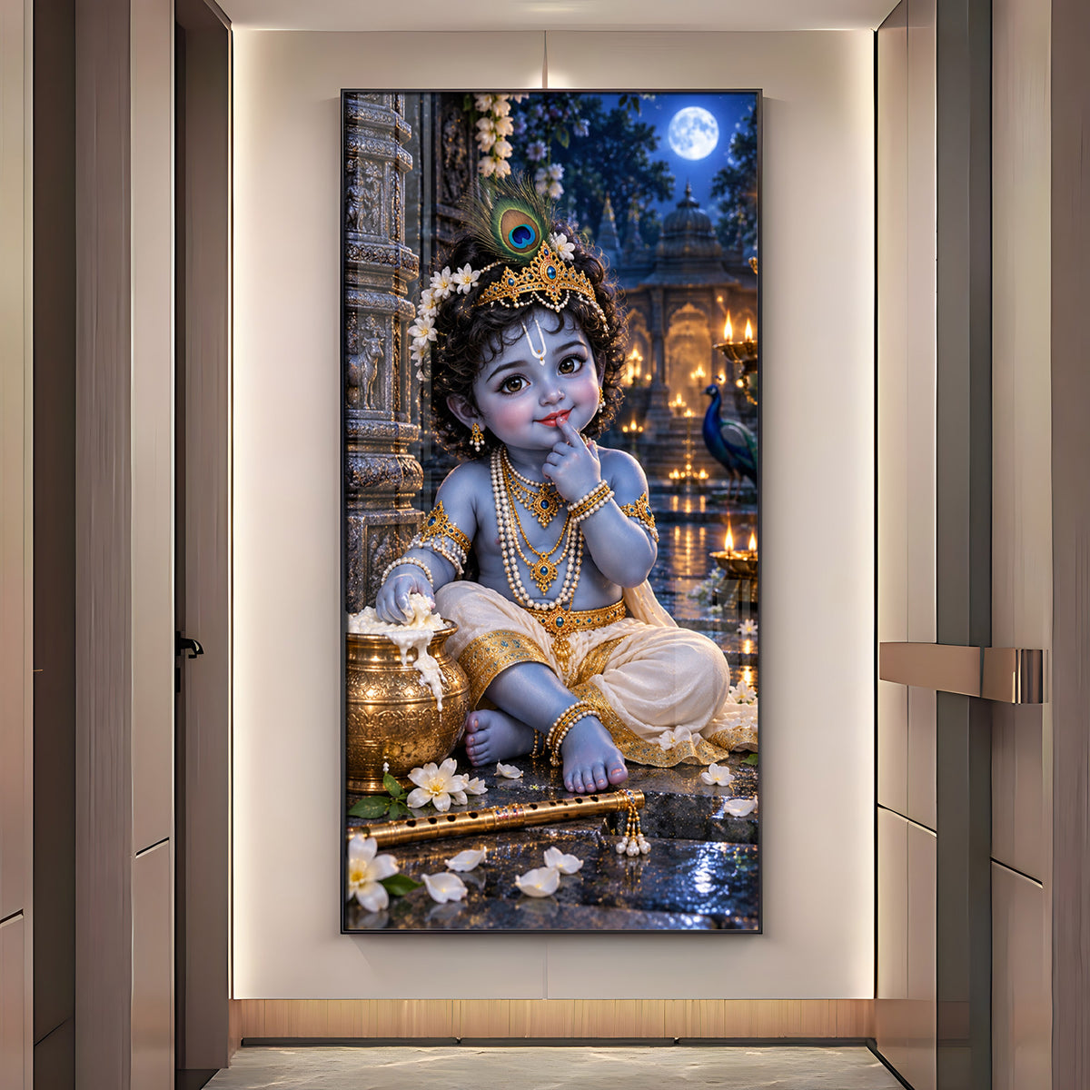 Little Krishna Eating Makhan Premium Acrylic Vertical Wall Art