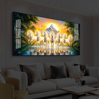 7 White Horses River Glloping Modern Luxury Backlight Horizontal Wall Art