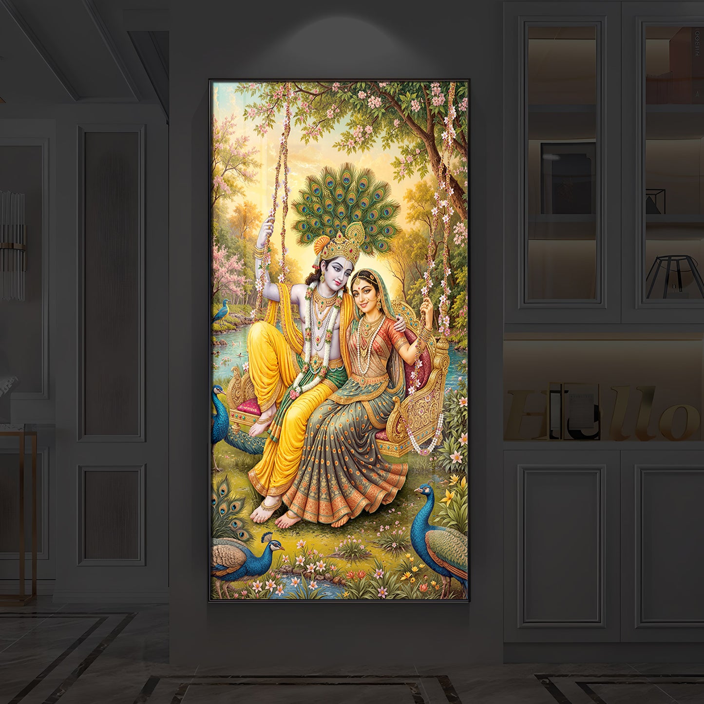 Jai Shri Radha Krishna Modern Luxury Backlight Vertical Wall Art