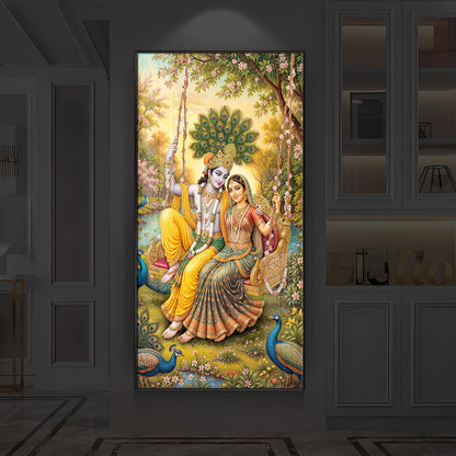 Jai Shri Radha Krishna Modern Luxury Backlight Vertical Wall Art