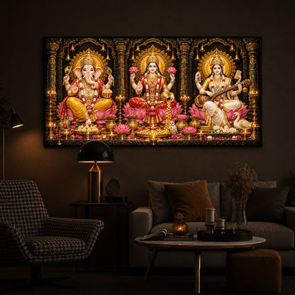 Goddess Lakshmi, Lord Ganesha and Goddess Saraswati Modern Luxury Backlight Horizontal Wall Art