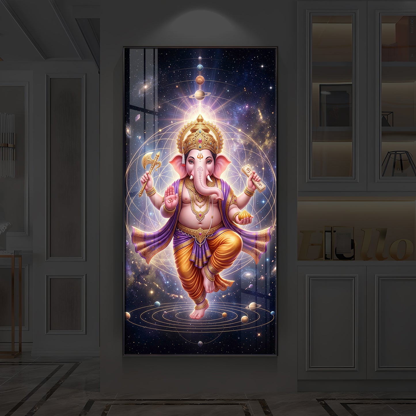 Shree Ganesha's Celestial Embrace Modern Luxury Backlight Vertical Wall Art