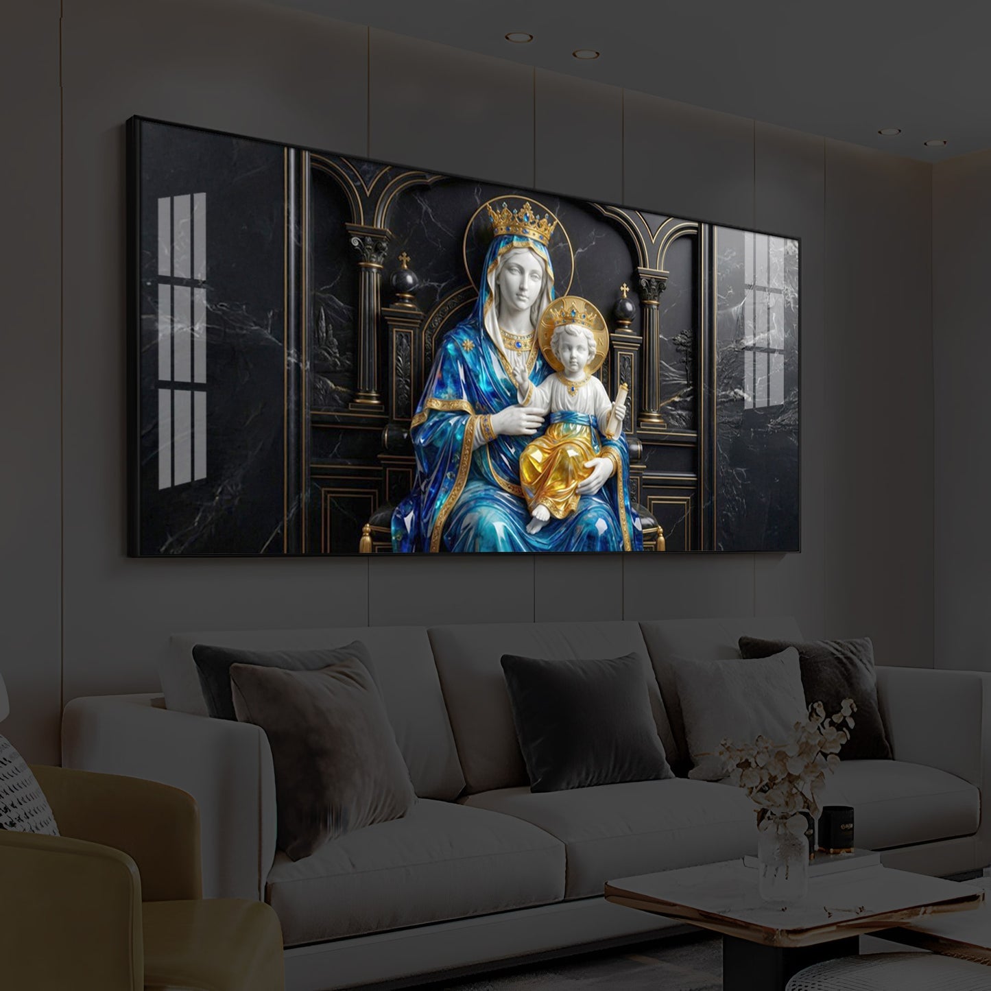 Mother Mary Holding Baby Jesus Modern Luxury Backlight Horizontal Wall Art
