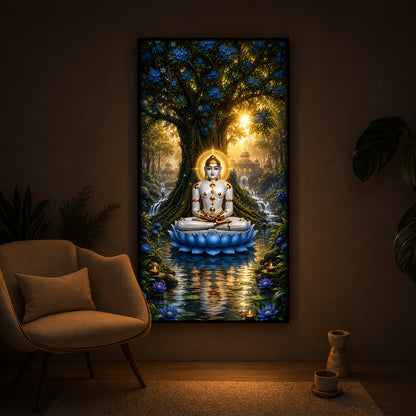 Divine Bhagwan Mahavir On Blue Lotus Modern Luxury Backlight Vertical Wall Art