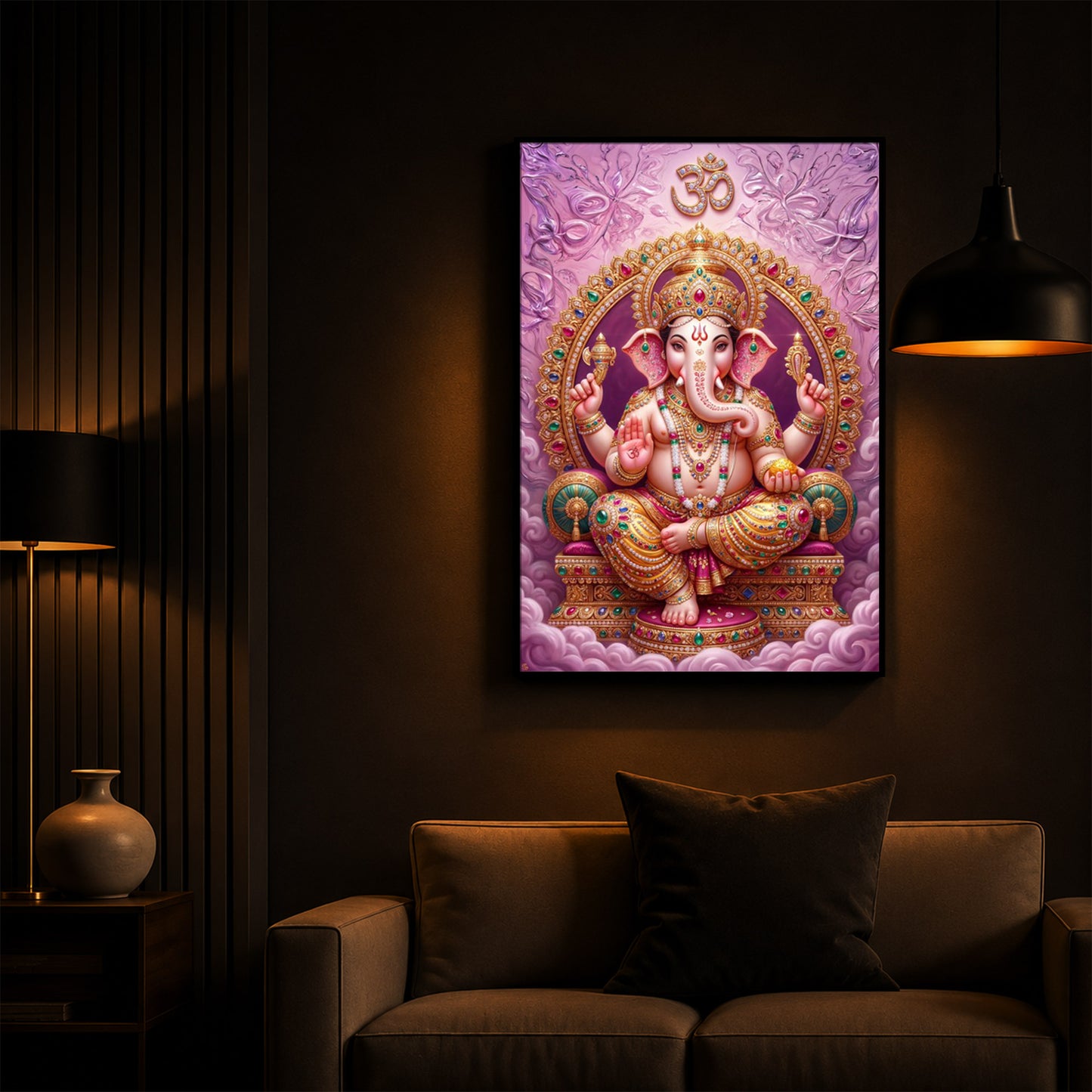Vakratunda Mahakaya Ganesh Ji Modern Luxury Backlight Vertical Wall Art