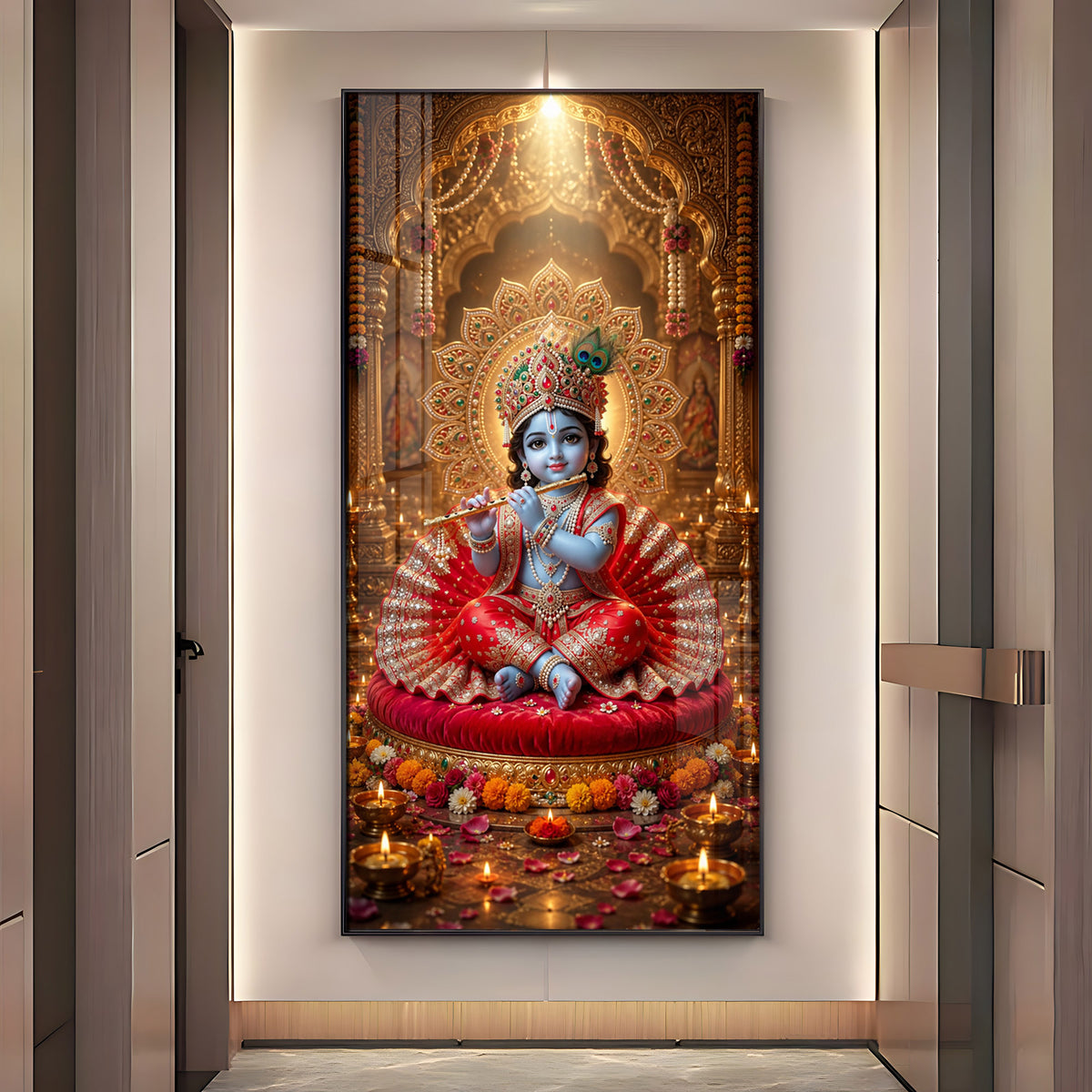 Divine Bal Krishna With Makhan Matki Premium Acrylic Vertical Wall Art