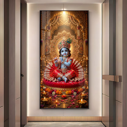 Divine Bal Krishna With Makhan Matki Premium Acrylic Vertical Wall Art