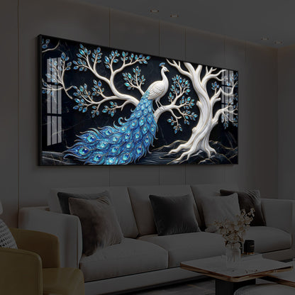 Peacock With Blue Feather Modern Luxury Backlight Horizontal Wall Art