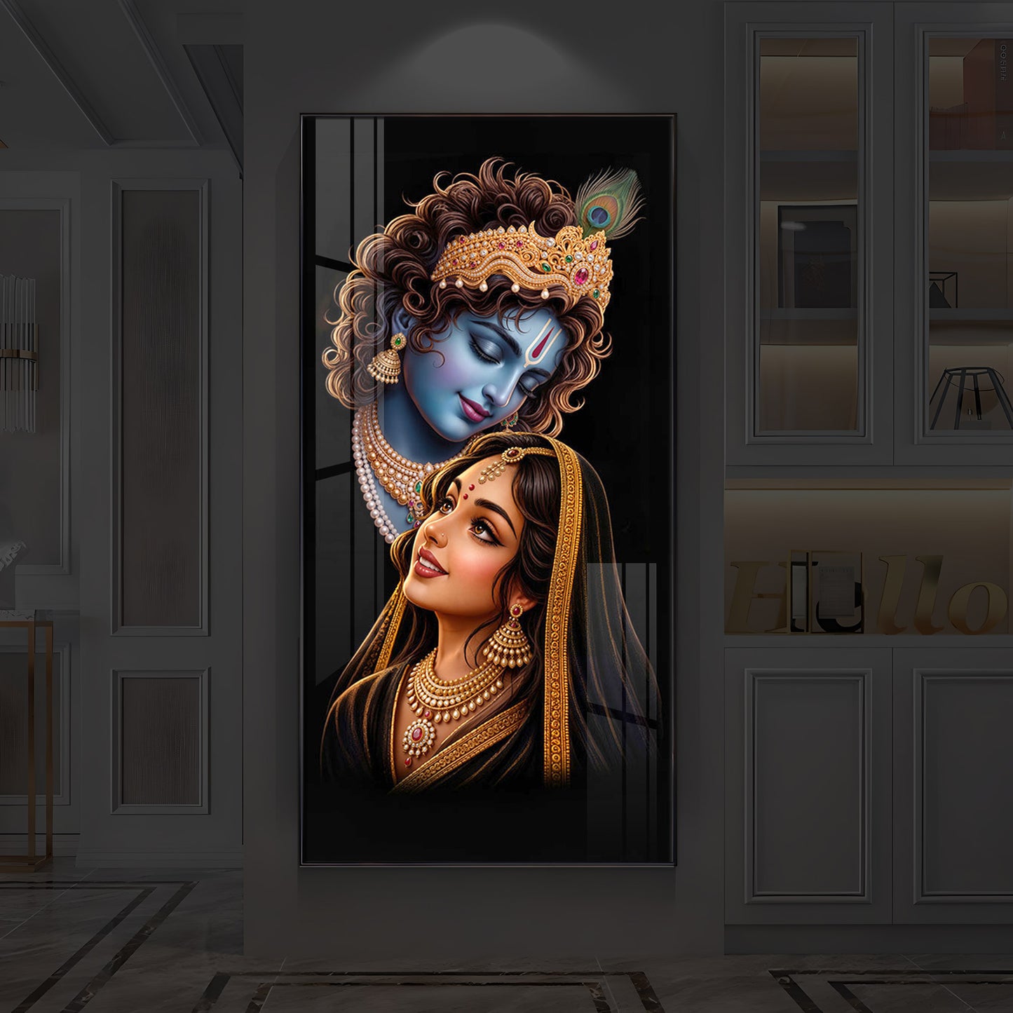 Hindu Deities Shri Radha Krishna Modern Luxury Backlight Vertical Wall Art