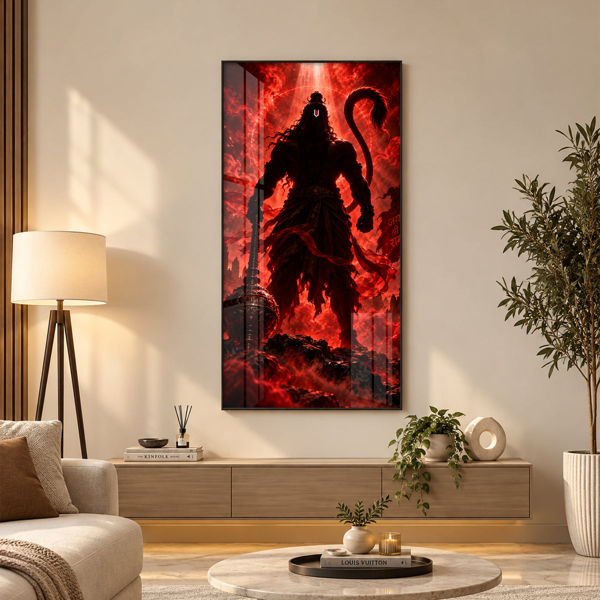 Hanuman Silhouette in Red Glow Premium Acrylic Vertical Wall Art