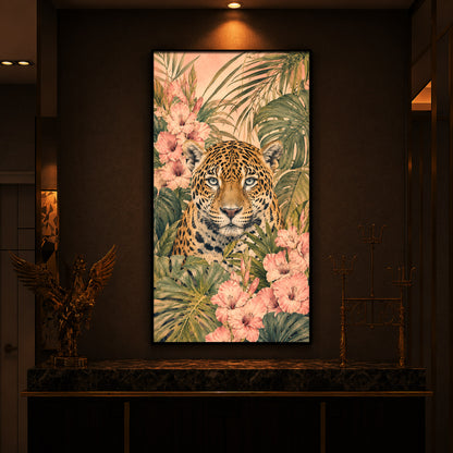 Tropical Jaguar & Flora Modern Luxury Backlight Vertical Wall Art