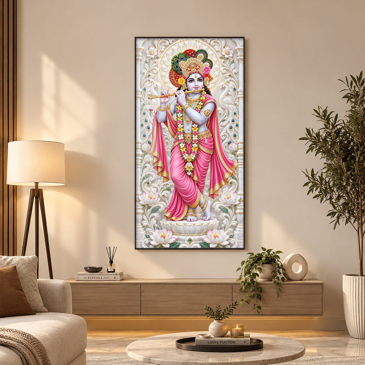 Krishna In Pink Dress Premium Acrylic Vertical Wall Art