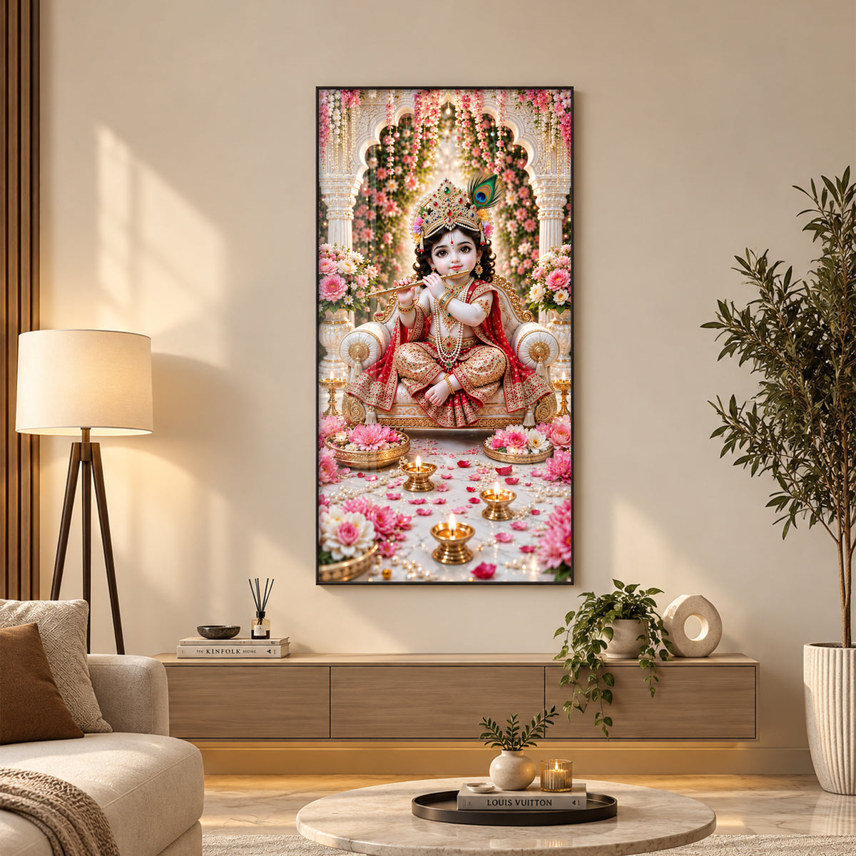 Little Krishna On Royal Chair Premium Acrylic Vertical Wall Art
