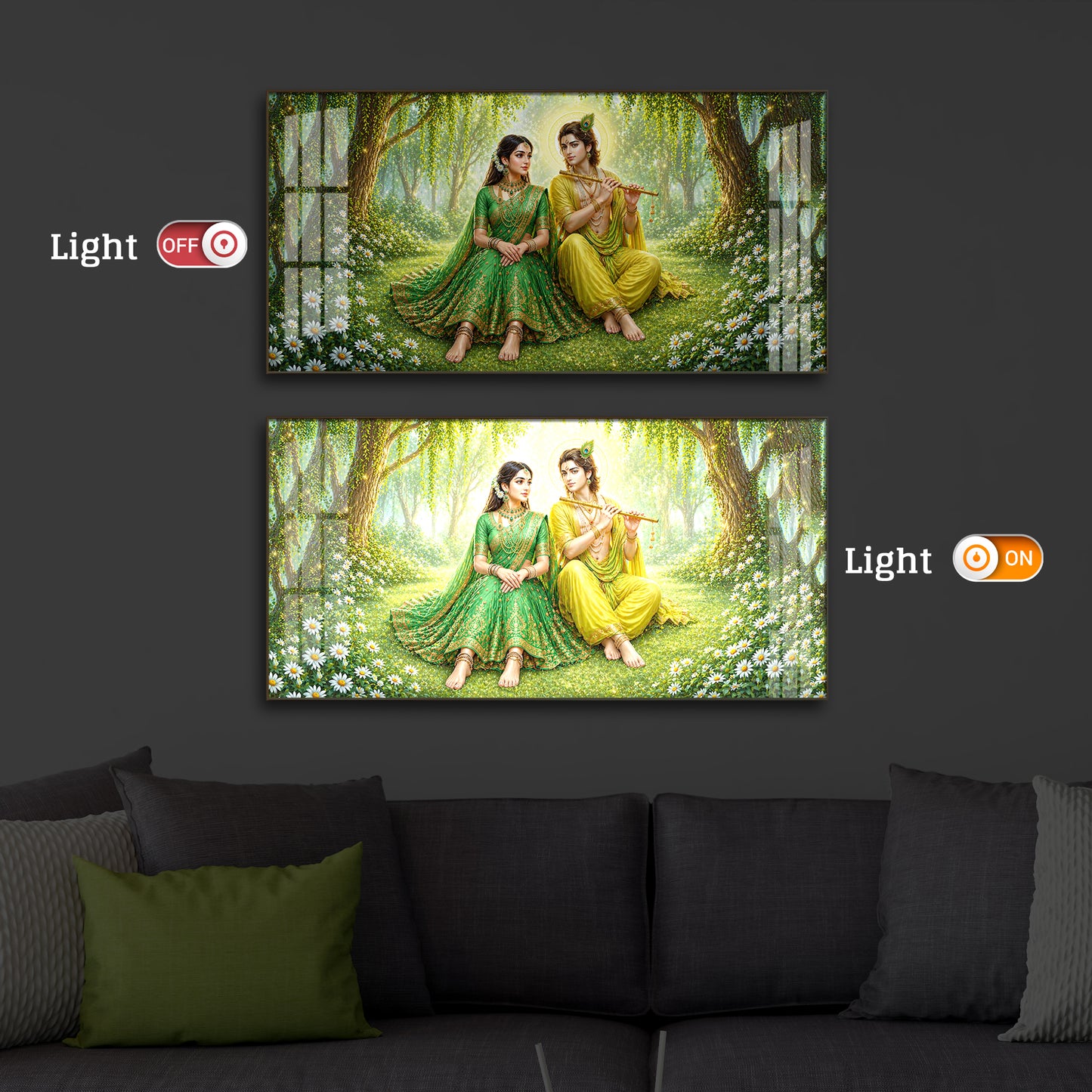 Divine Love Radhe Krishna Modern Luxury Backlight Horizontal Wall Art