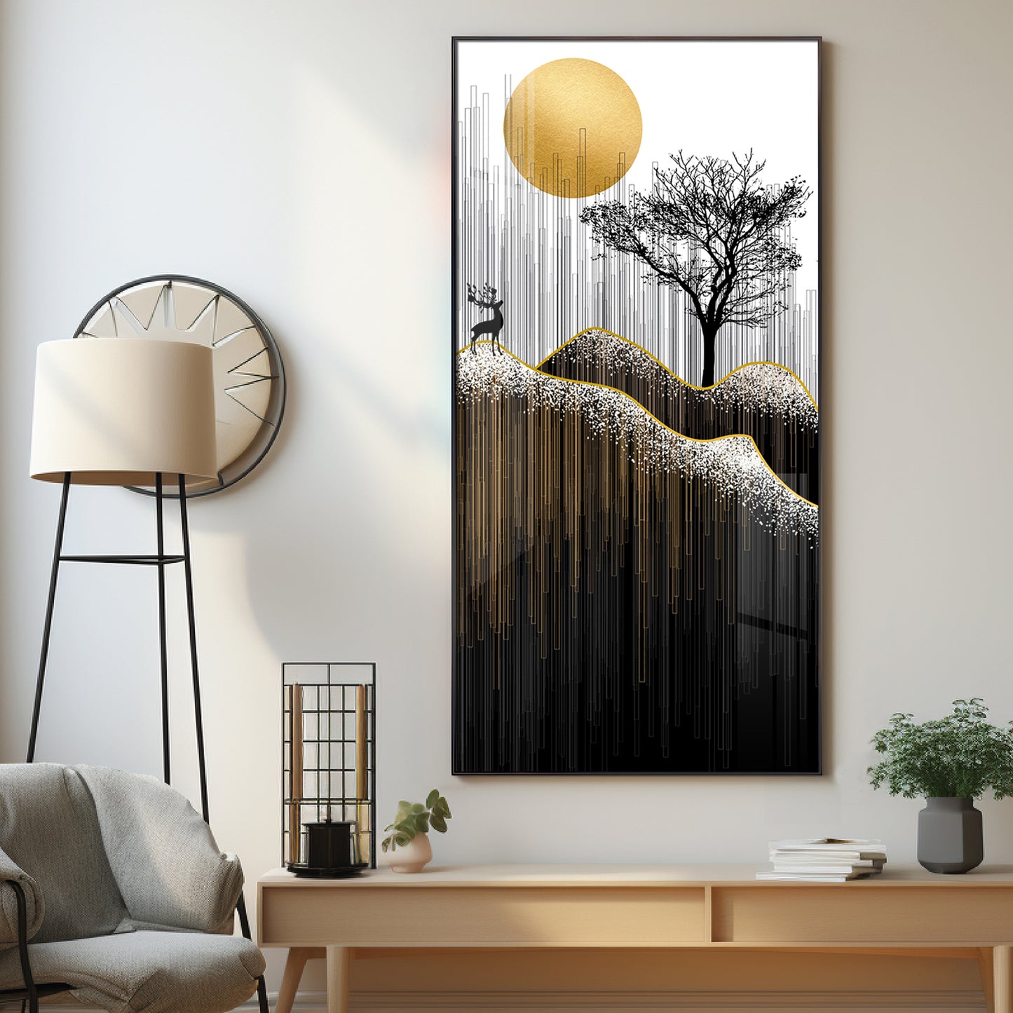 Gold Moon Stylized Black Tree Premium Acrylic Vertical Wall Art
