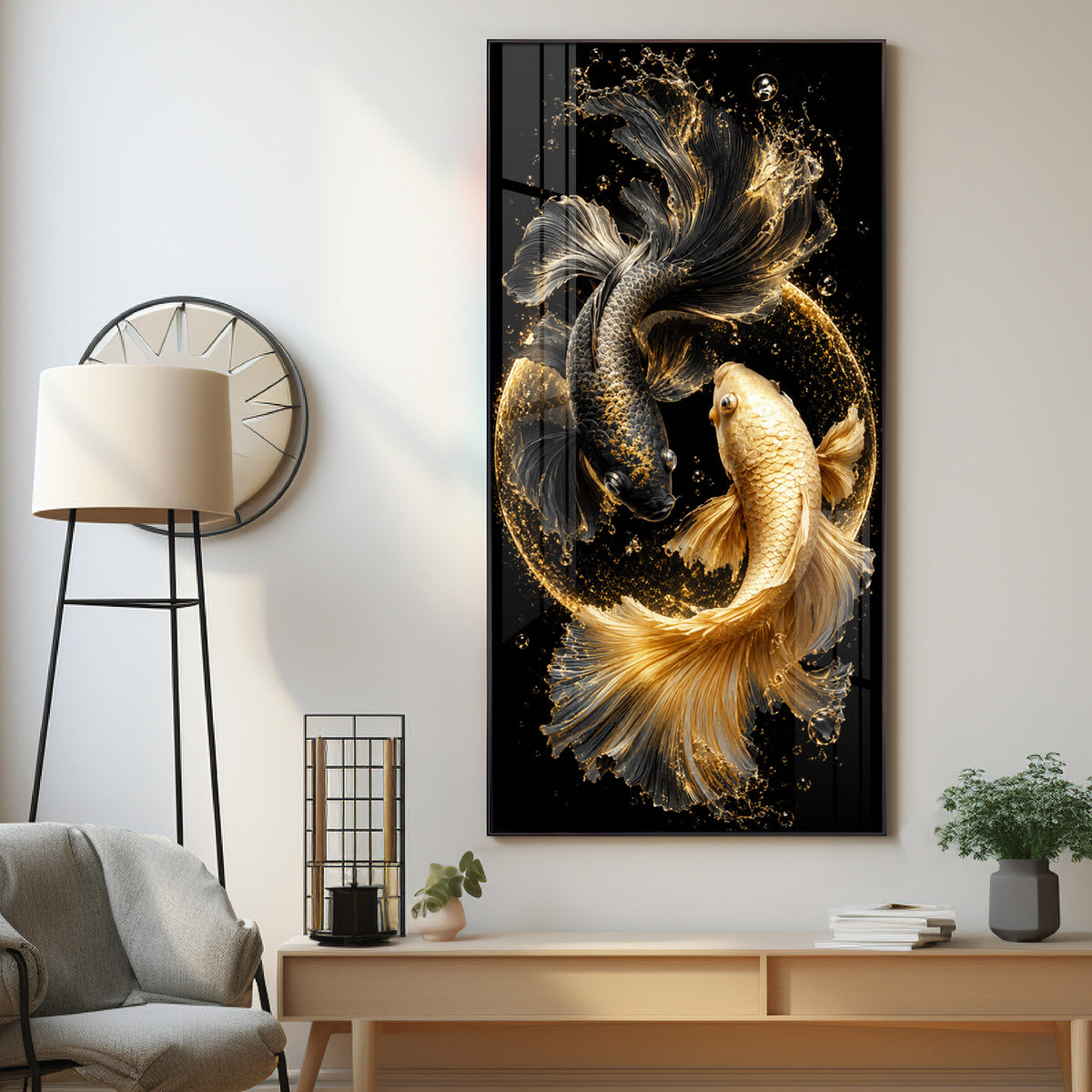 Yin Yang Golden & Black Koi Fish Premium Acrylic Vertical Wall Art