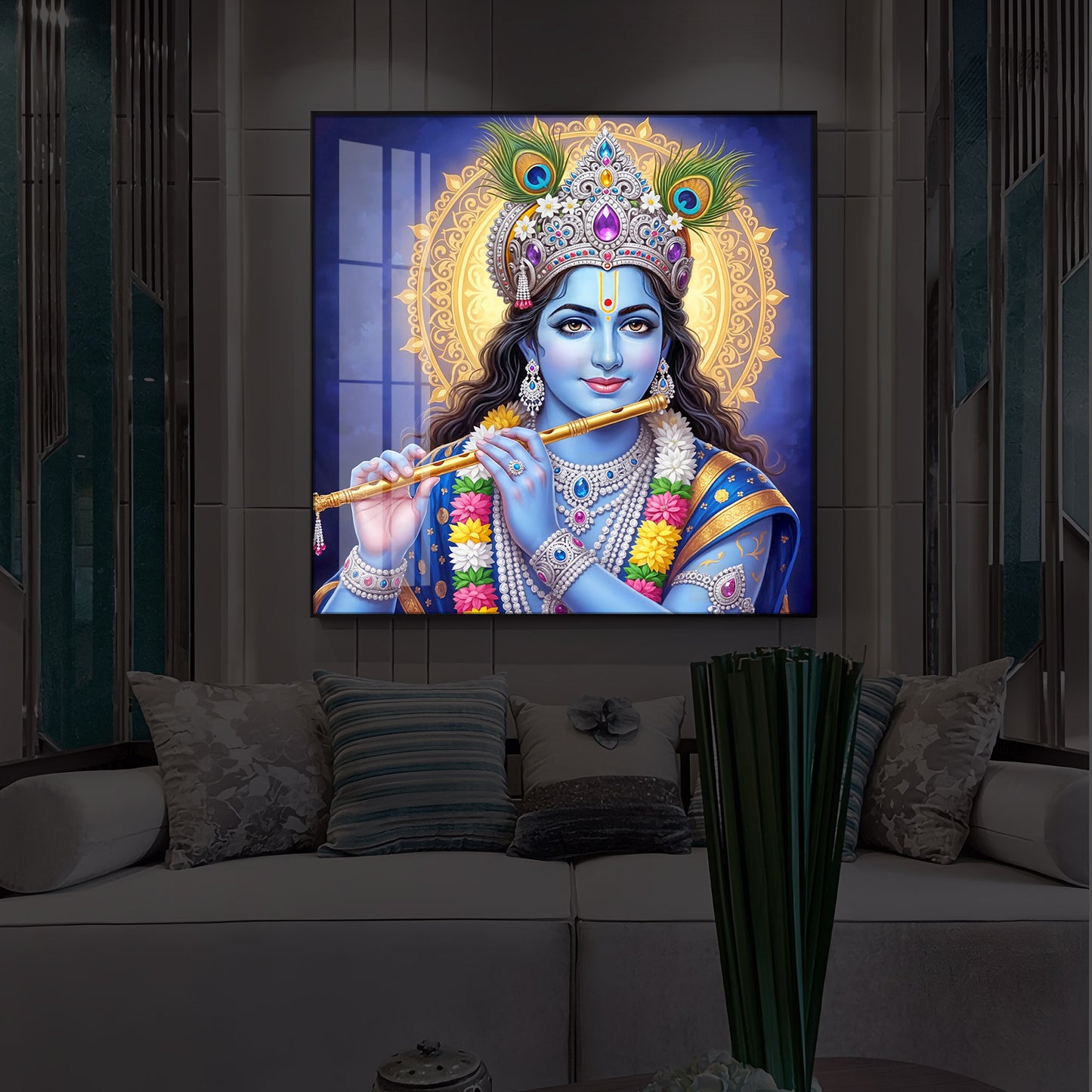 Jai Shree Krishna Modern Luxury Backlight Square Wall Art