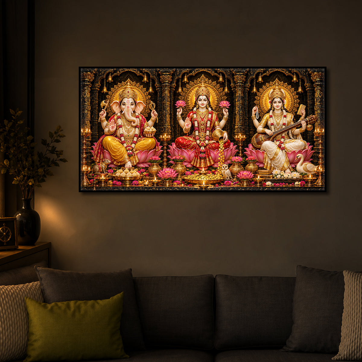 Goddess Lakshmi, Lord Ganesha and Goddess Saraswati Modern Luxury Backlight Horizontal Wall Art