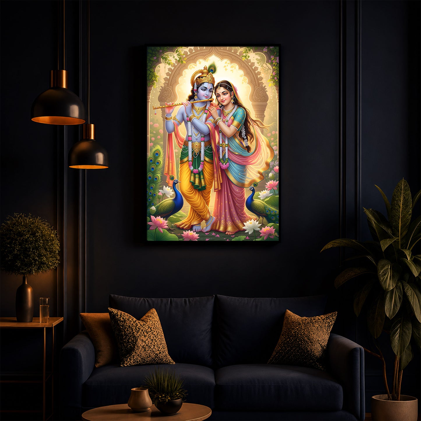 Loving Shri Radhe Krishna Modern Luxury Backlight Vertical Wall Art