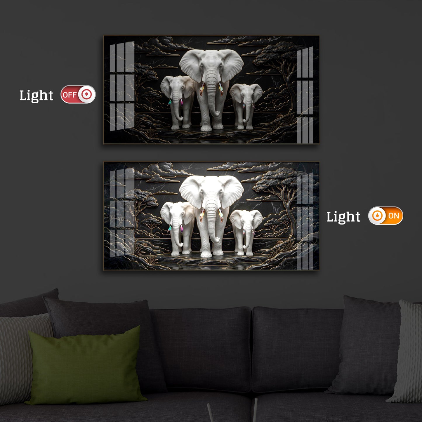 White Elephant Family Modern Luxury Backlight Horizontal Wall Art
