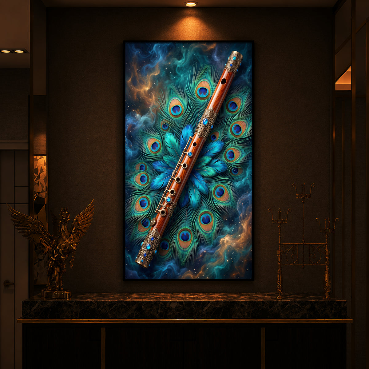 Flute With Peacock Feather Modern Luxury Backlight Vertical Wall Art