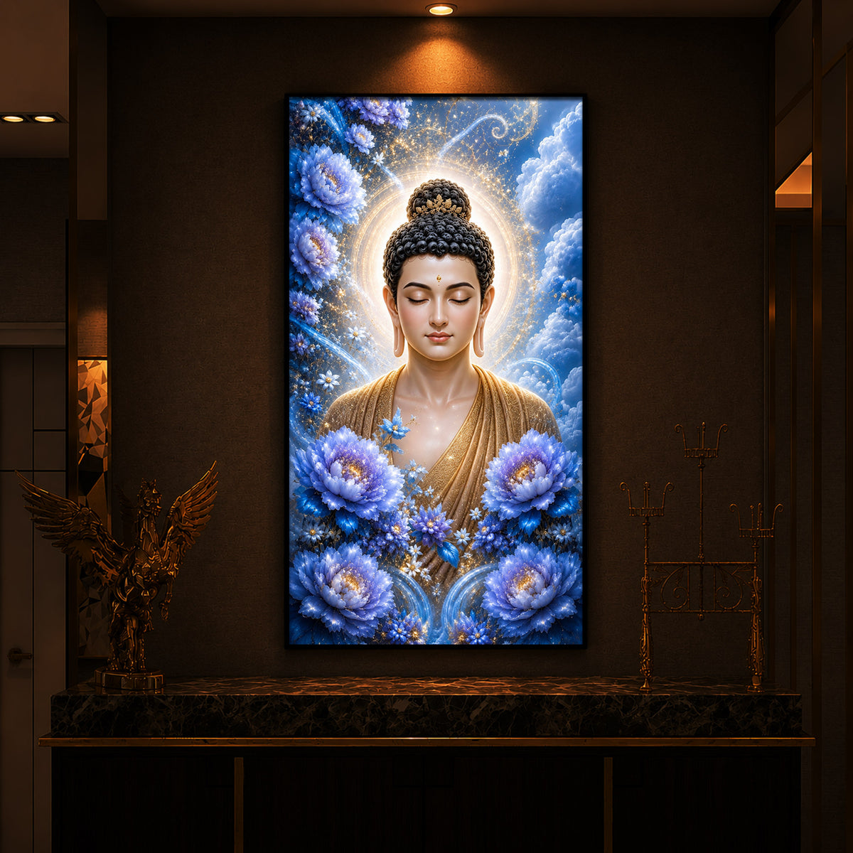 Divine Buddha Glowing Aura Modern Luxury Backlight Vertical Wall Art
