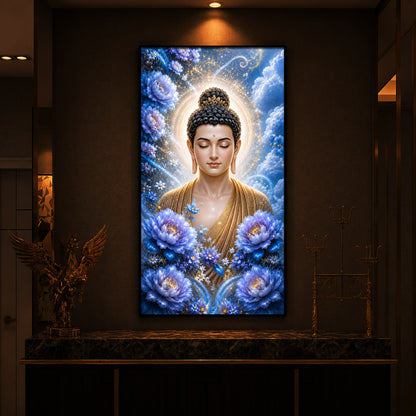 Divine Buddha Glowing Aura Modern Luxury Backlight Vertical Wall Art