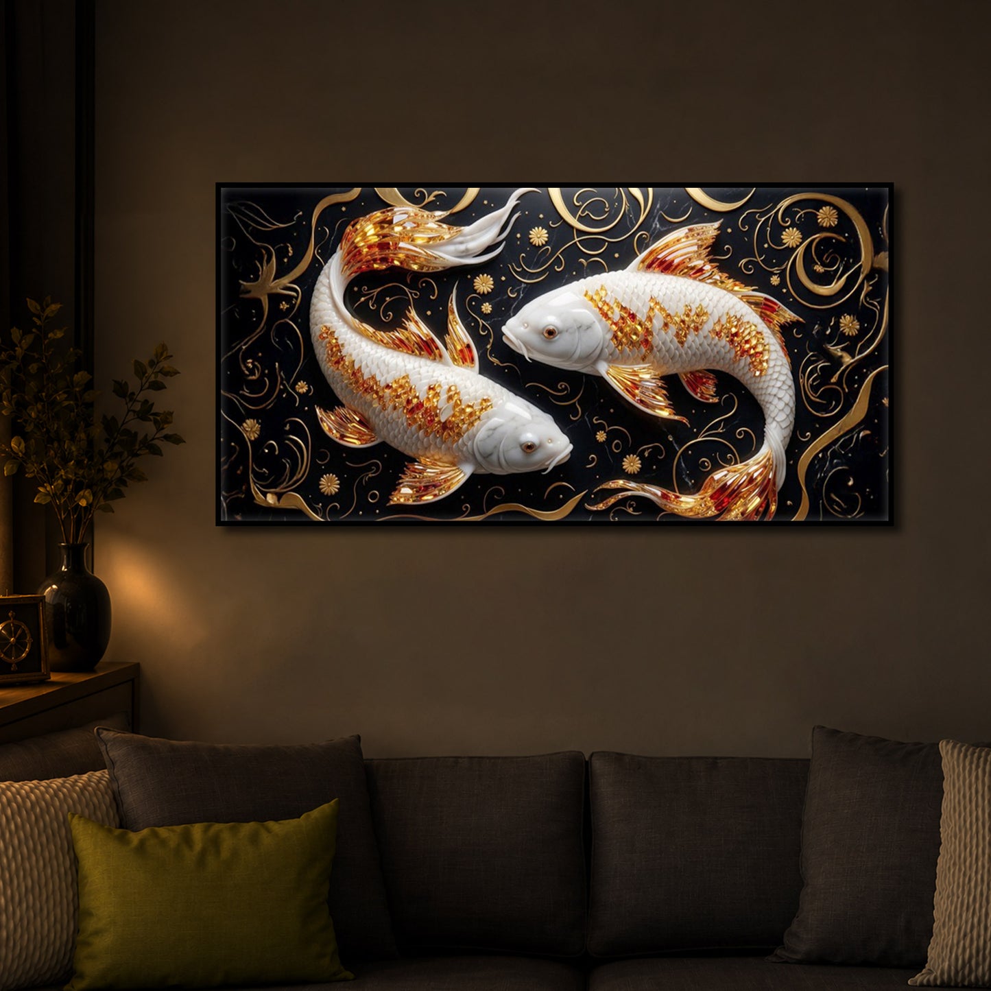Two Golden Koi Fish Modern Luxury Backlight Horizontal Wall Art