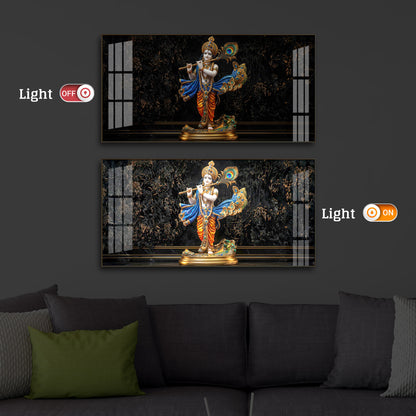 Lord Krishna With Flute Modern Luxury Backlight Horizontal Wall Art