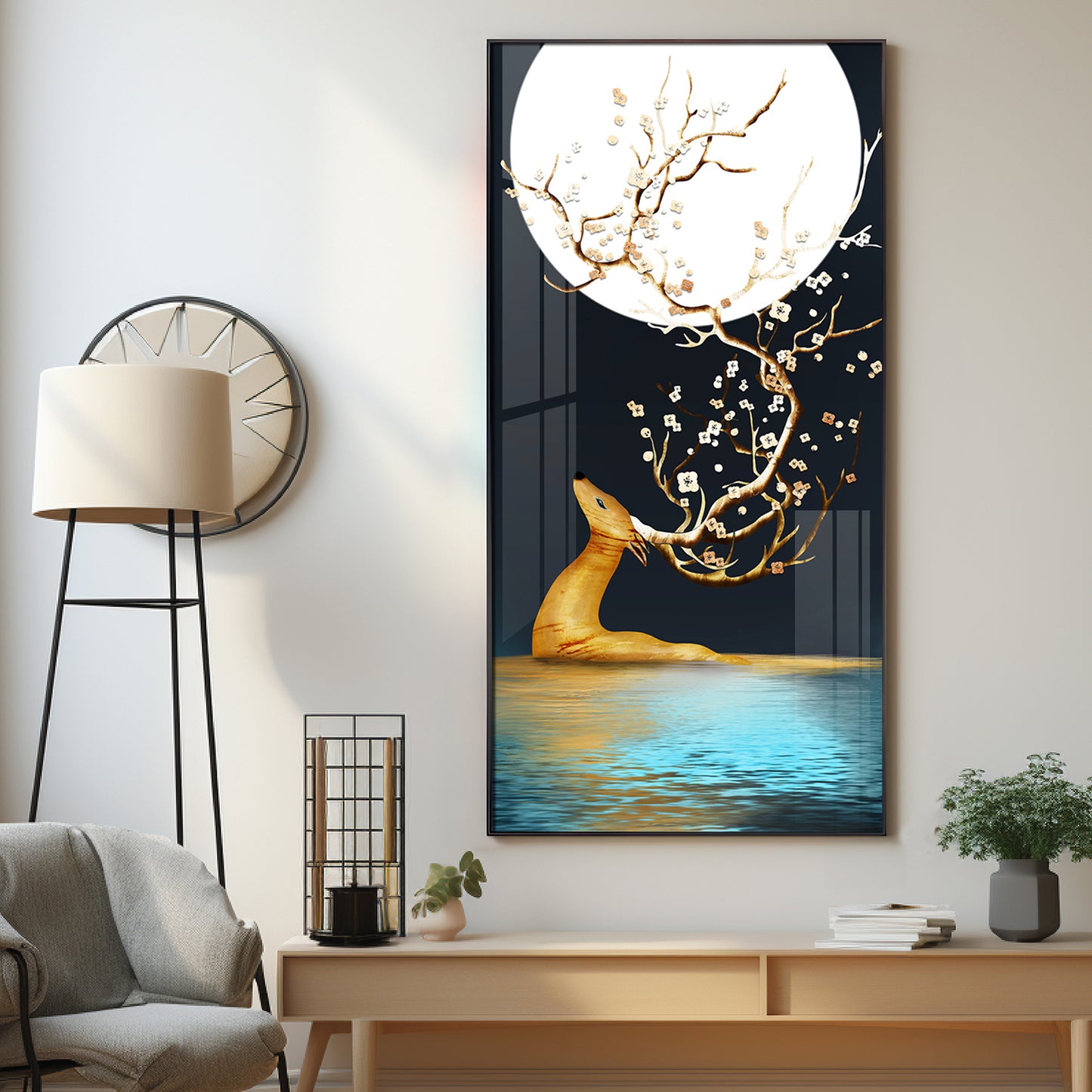 Golden Deer With Full Moon Premium Acrylic Vertical Wall Art