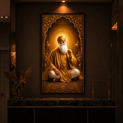 Divine Guru Nanak Dev Ji Golden Attire Modern Luxury Backlight Vertical Wall Art