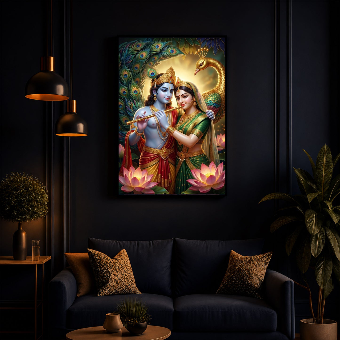 Depiction Of Radha Krishna Modern Luxury Backlight Vertical Wall Art