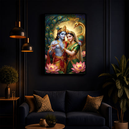 Depiction Of Radha Krishna Modern Luxury Backlight Vertical Wall Art
