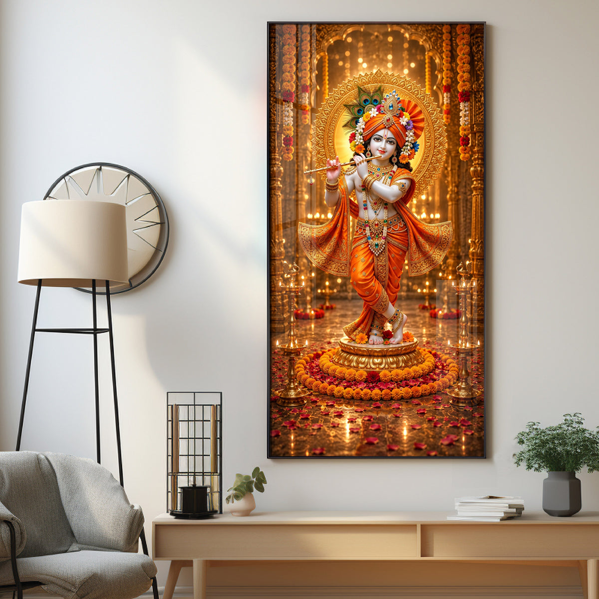 Divine Lord Krishna Playing Flute Premium Acrylic Vertical Wall Art