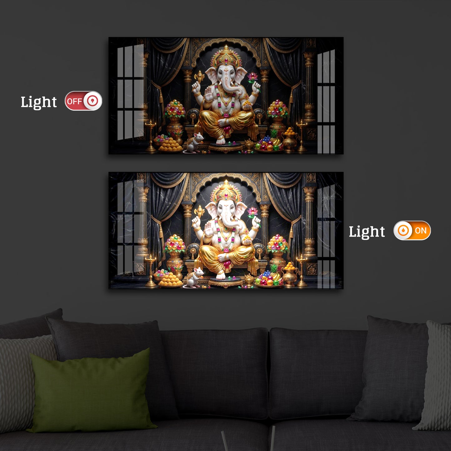 Hindu Deity Lord Ganesha Modern Luxury Backlight Horizontal Wall Art