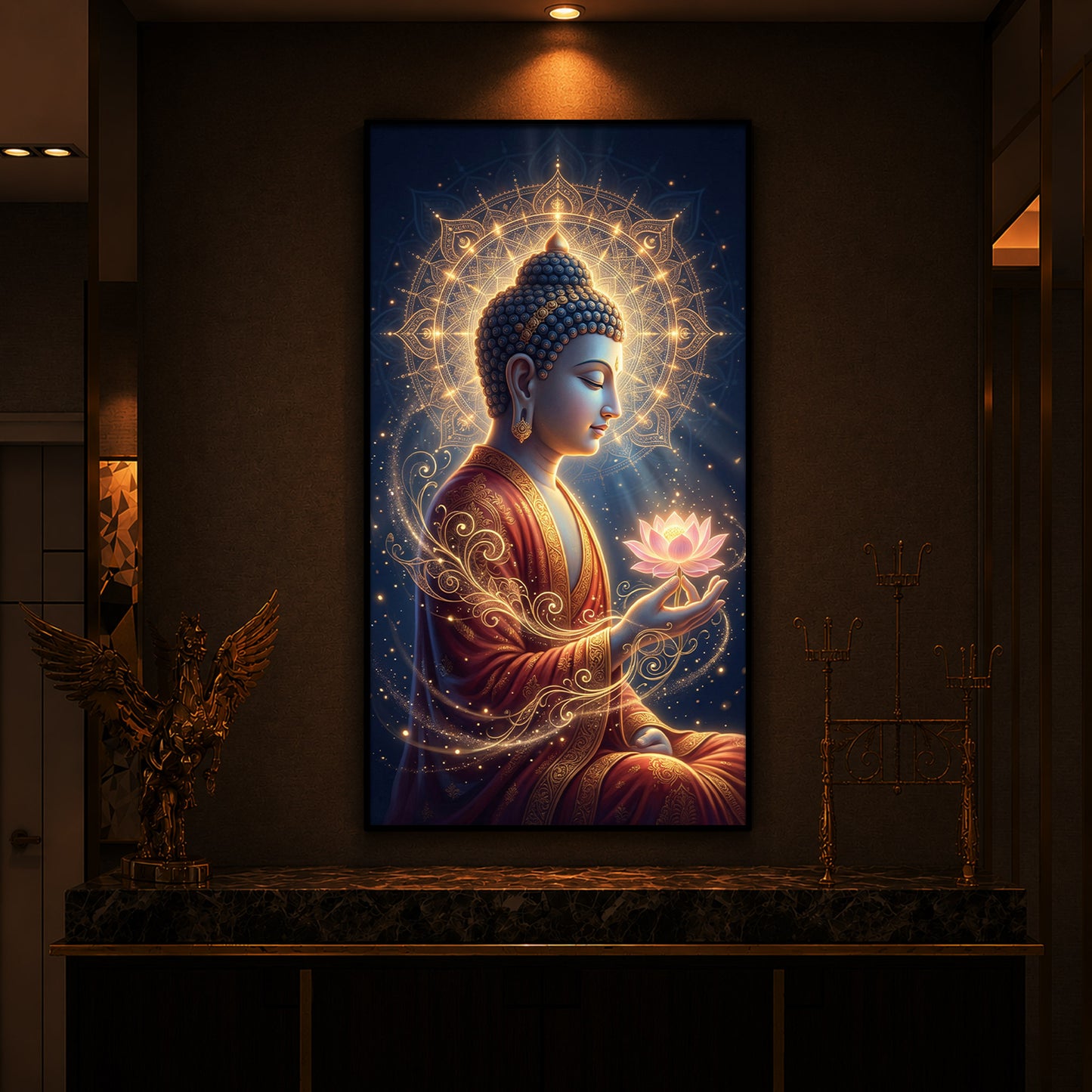 Depiction Of Buddha Modern Luxury Backlight Vertical Wall Art