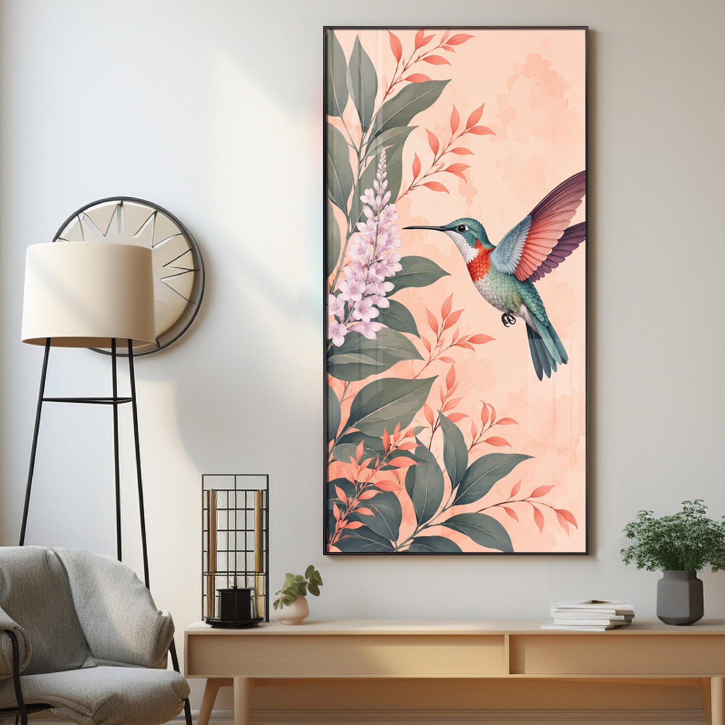 Hummingbird & Botanical Flowers Premium Acrylic Vertical Wall Art